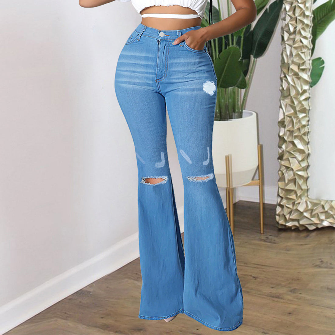 Damen Hochtaillierte Schlaghose aus Stretch‑Denim mit Knieausrissen und formendem Bund Echo Archiv