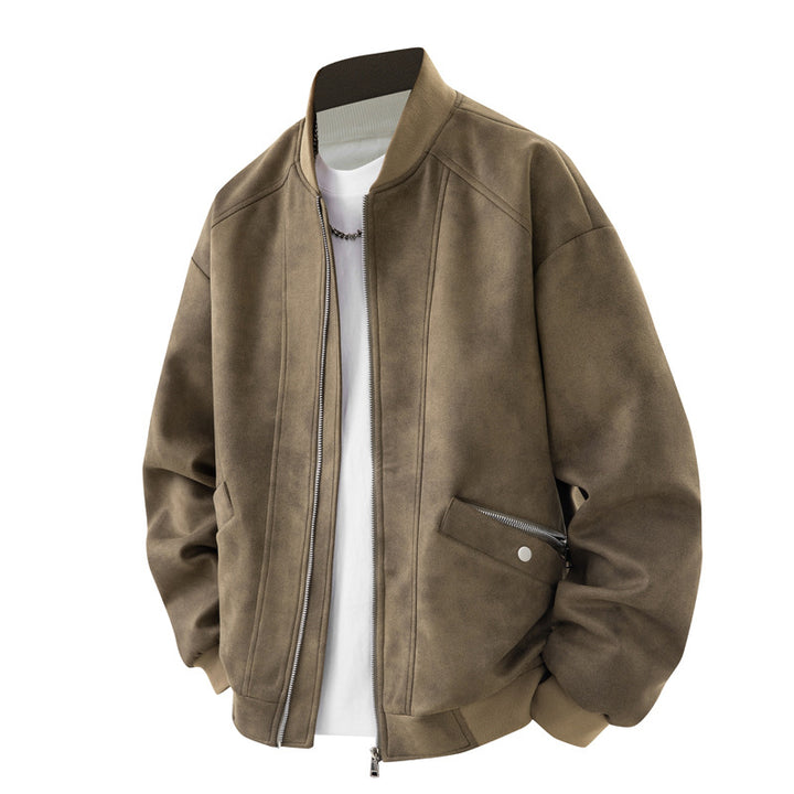 Herren Velours-Optik Bomberjacke im Boxy‑Cut mit Rippkragen, Frontreißverschluss & kombiniertem Zipper-/Klappenfach Echoarchiv
