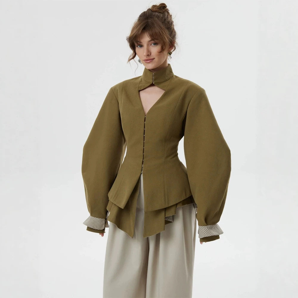 Damen taillierte Jacke mit Stehkragen, Cut-Out und Ballonärmeln Echoarchiv