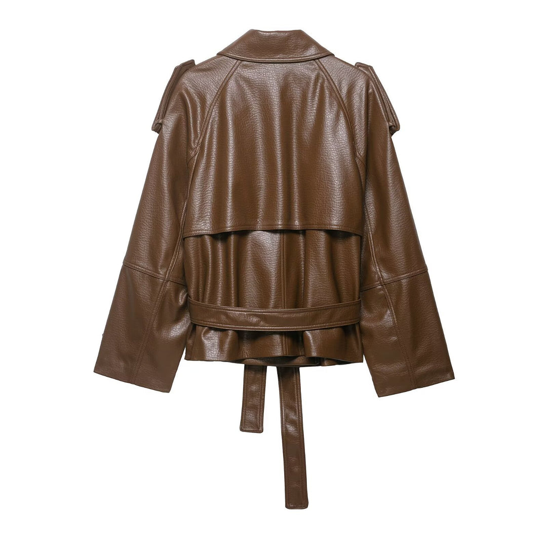 Damen Leder-Trenchcoat mit Bindegürtel, Schulterklappen und oversized Kragen Echo Archiv