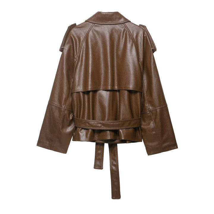 Damen Leder-Trenchcoat mit Bindegürtel, Schulterklappen und oversized Kragen Echo Archiv