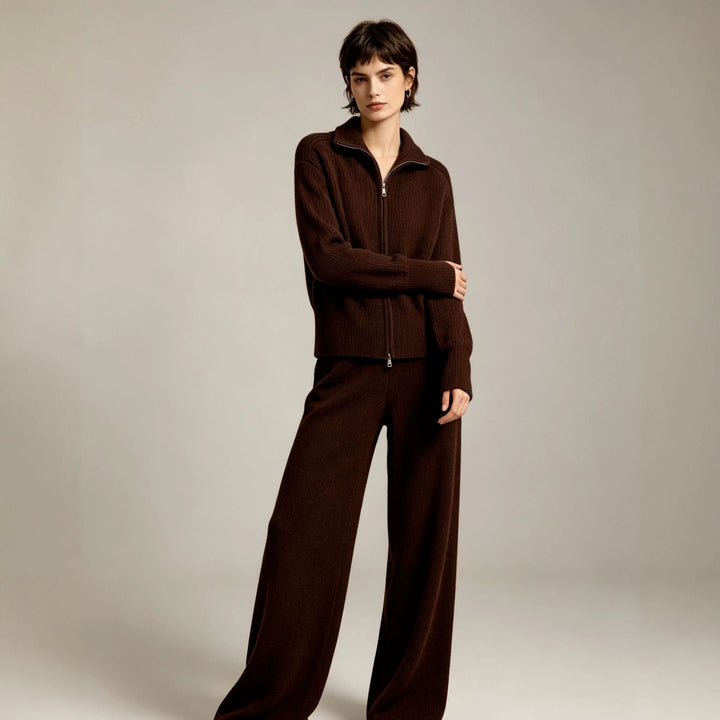 Damen Feinstrukturiertes Strick-Set mit Zipp-Cardigan und weiter Hose Echoarchiv