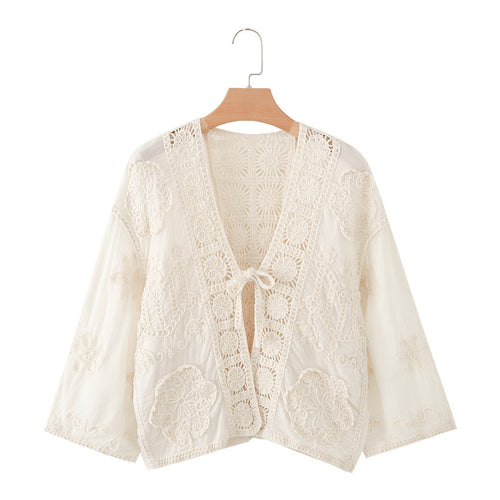 Damen Kurze Häkel- und Stickjacke im Boho-Kimono-Stil mit Bindeband Echo Archiv