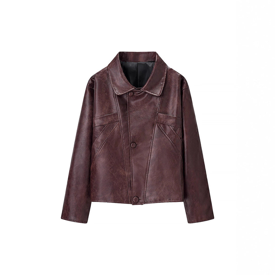Damen Kurzer Boxy‑Lederimitat‑Blouson mit geometrischen Nahtdetails und Hemdkragen Echoarchiv
