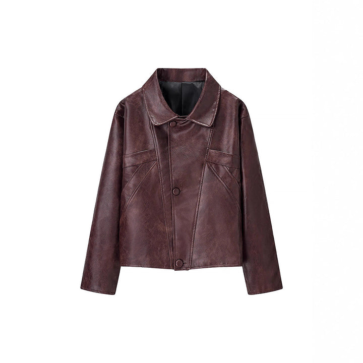 Damen Kurzer Boxy‑Lederimitat‑Blouson mit geometrischen Nahtdetails und Hemdkragen Echoarchiv