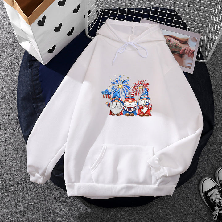 Damen Kapuzenpullover mit patriotischem Gartenzwerg-Print, angerautem Fleece-Innenfutter, Oversize-Schnitt und Kängurutasche – Auréline