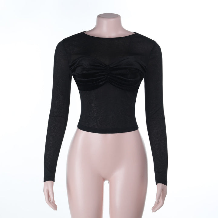 Damen Transparentes Mesh-Crop-Top mit langen Ärmeln und geraffter Bustier-Optik – Avérine