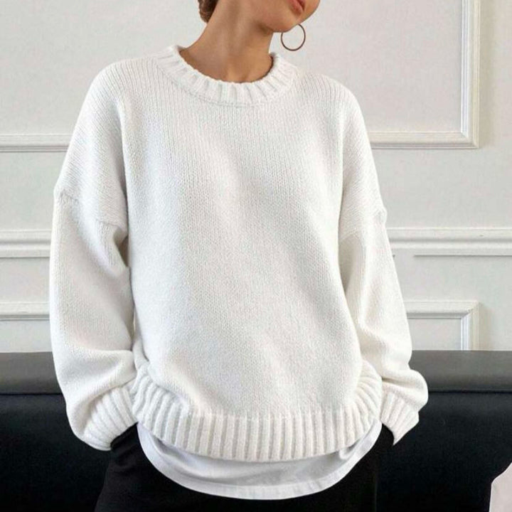 Damen Weit geschnittener Feinstrickpullover mit Rundhalsausschnitt und gerippten Bündchen – Mavelle