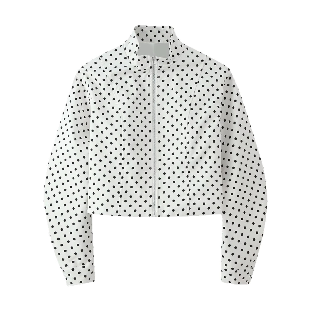 Damen Gepunktete Cropped-Übergangsjacke mit Stehkragen und Reißverschluss Echoarchiv