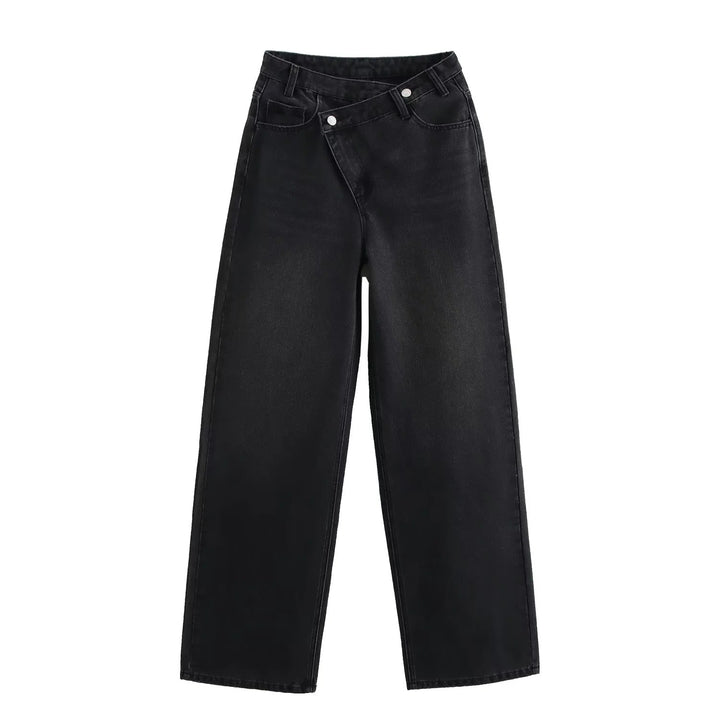Damen 20+ weite High‑Waist Denim‑Palazzo‑Jeans mit asymmetrischem Bunddetail Echo Archiv