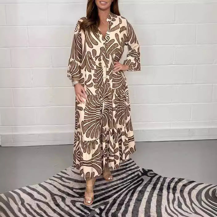 Damen Lange Stufen Kleid mit Knopfleiste und abstraktem Blattdruck Echoarchiv