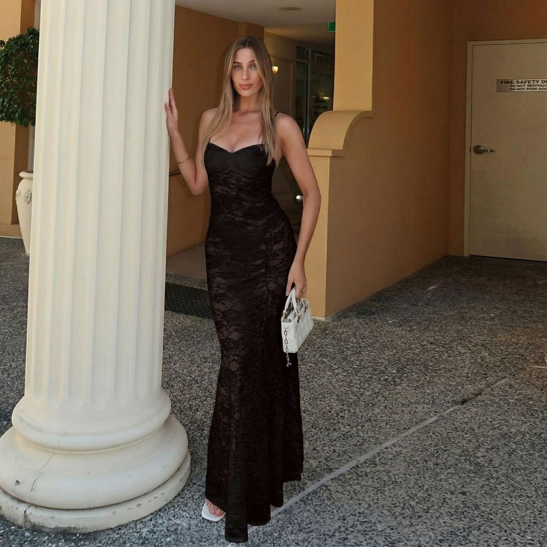 Damen sexy Spitzen Maxi-Kleid mit verstellbaren Trägern und Herzen-Ausschnitt Echo Archiv