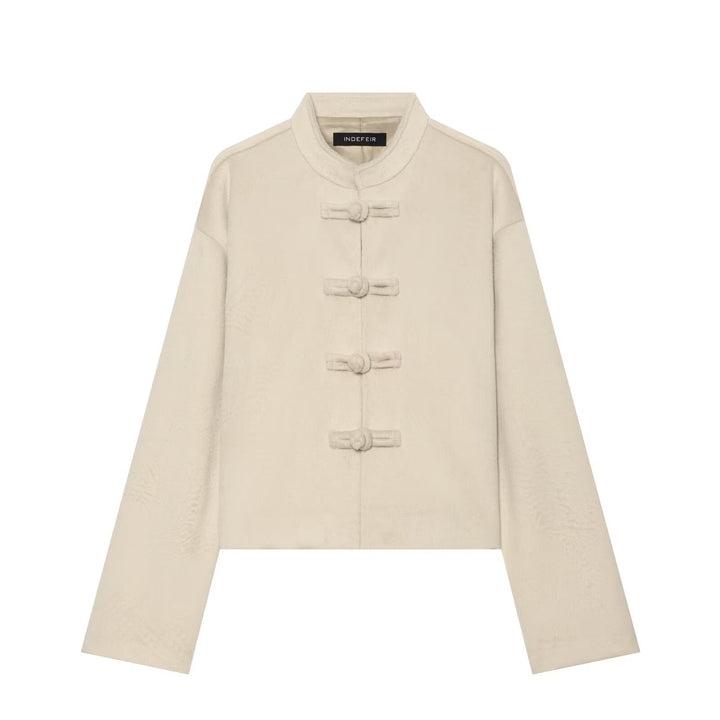 Damen Kurze Teddyjacke mit Mandarinkragen und dekorativen Knotenverschlüssen Echo Archiv