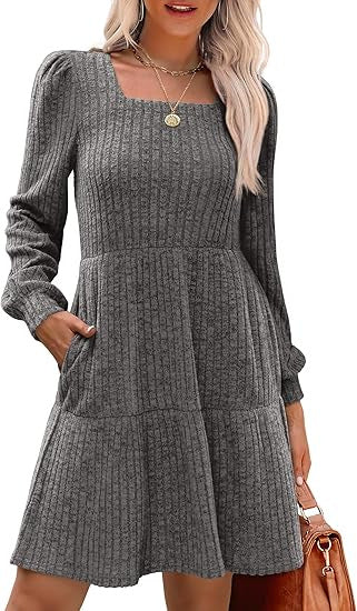 Damen Gestricktes A‑Linien‑Minikleid mit quadratischem Ausschnitt, Stufenrock und Eingrifftaschen – Élara