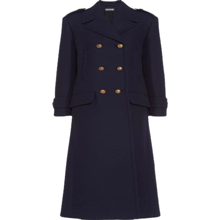 Damen Doppelreihiger militärinspirierter Maxi‑Wollmantel mit Epauletten und Zierriegeln Echoarchiv