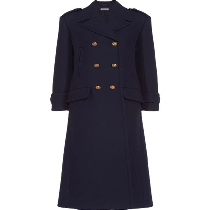 Damen Doppelreihiger militärinspirierter Maxi‑Wollmantel mit Epauletten und Zierriegeln Echoarchiv