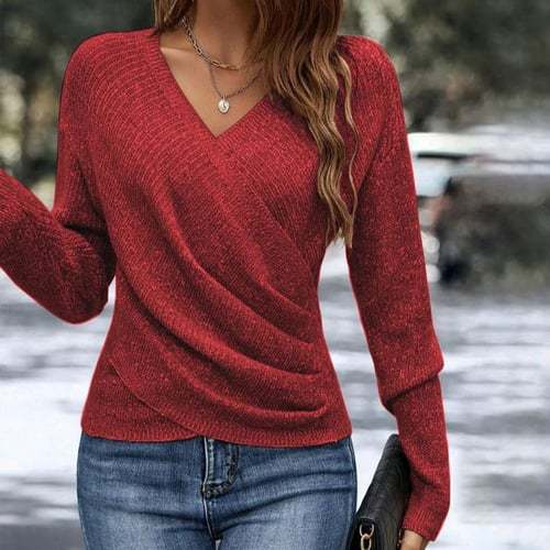 Damen nan figurbetonter Wickel-Strickpullover mit V-Ausschnitt und feiner Rippenstruktur Echo Archiv