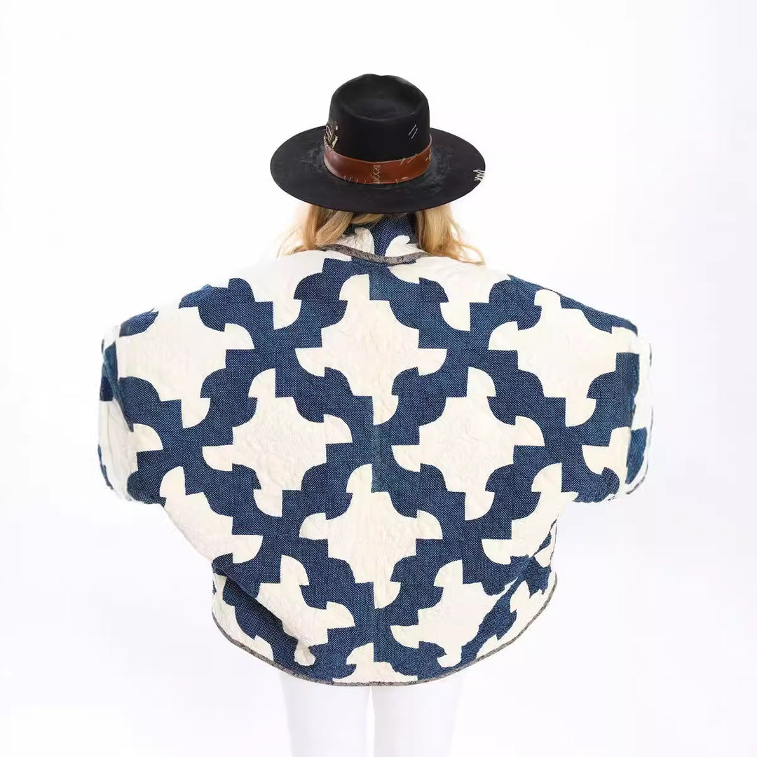 Damen Gequiltete Oversize-Jacke mit Patchworkmuster und weiter Kimono-Ärmel Echo Archiv