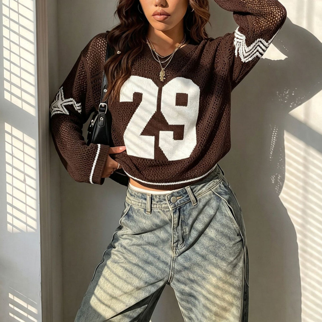 Damen Oversize Netz-Strick Cropped Pullover mit V-Ausschnitt Echoarchiv