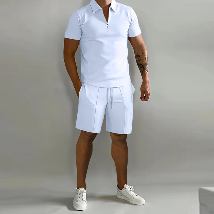 Herren sportliches Kurzarm-Poloshirt mit Reißverschluss und passenden Shorts Echoarchiv