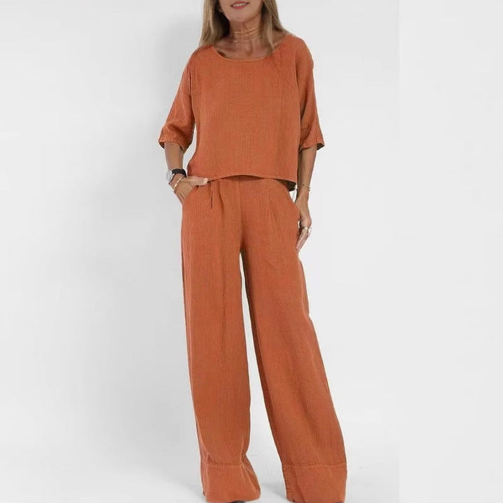 Damen luftiges Leinen-Ensemble mit weitem Schnitt und praktischen Taschen Echoarchiv