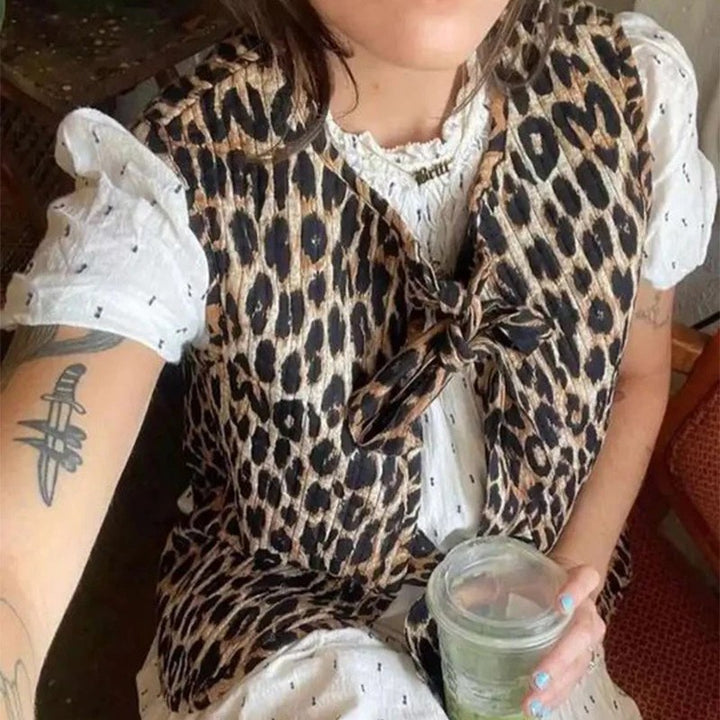 Damen Ärmellose Leoparden-Print-Weste mit Bindeschleifen und strukturierter Oberfläche Echo Archiv