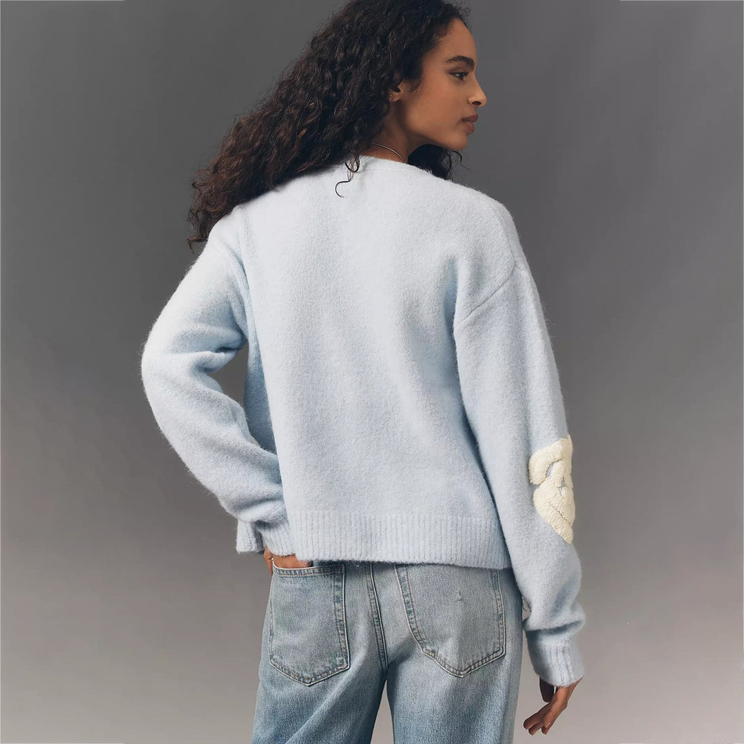 Damen Kuscheliger Mohair-Cardigan mit Zierblumen-Applikationen – Veloura