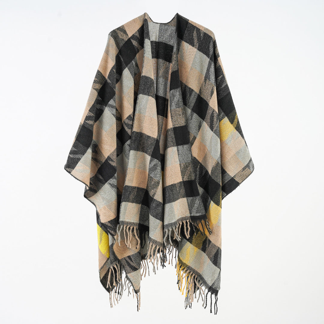 Damen Oversize-Plaidponcho mit Fransen und gewebtem Karomuster Echo Archiv