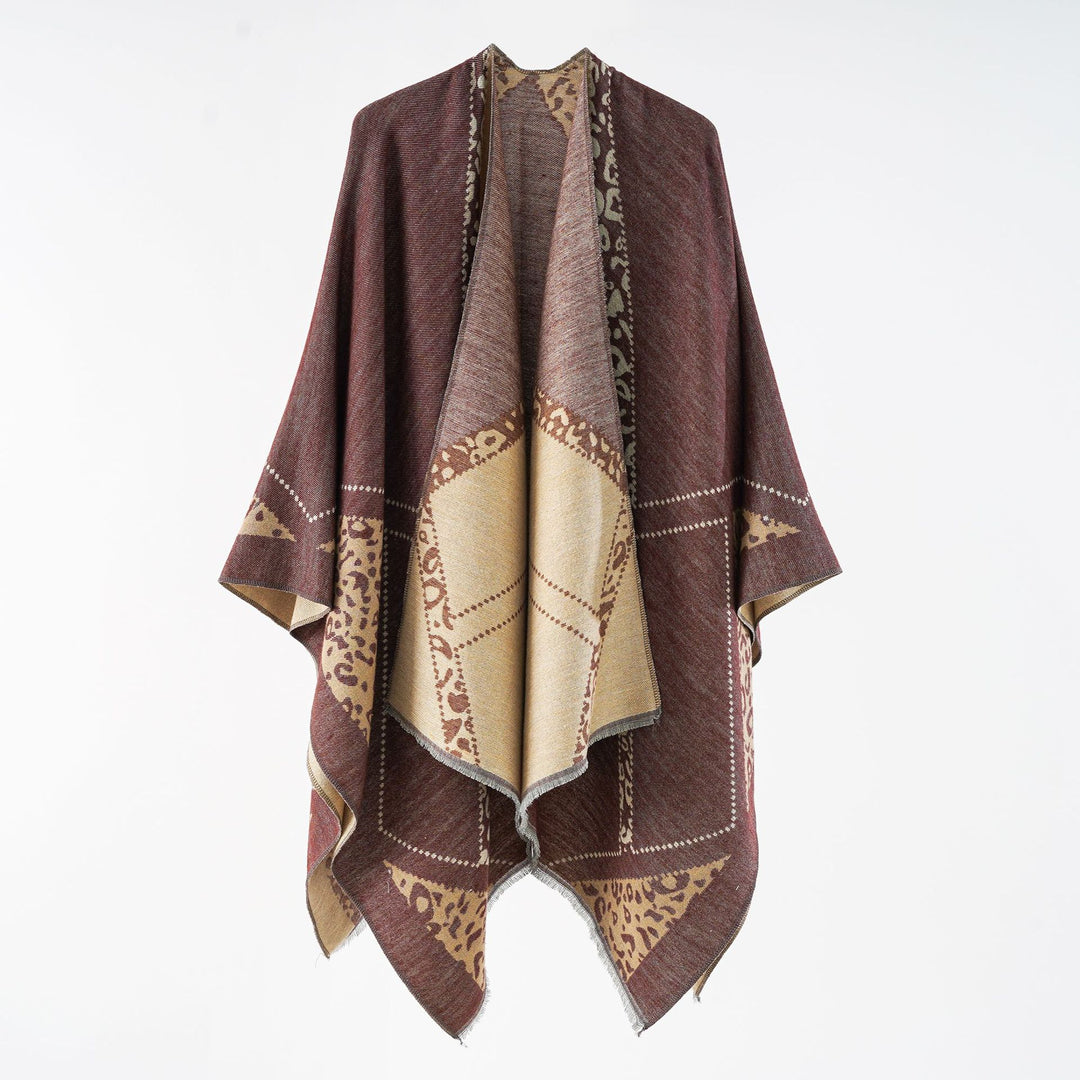 Damen Oversize Cape-Überwurf mit jacquardgewebten Patchmotiven und Fransensaum Echo Archiv