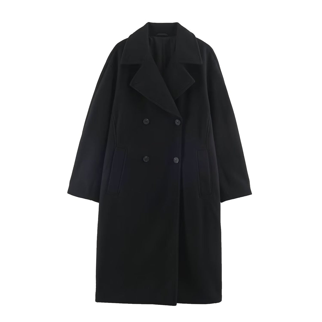 Damen Midilanger Wollmix-Doppelreihenmantel mit weitem Revers und Eingrifftaschen Echoarchiv