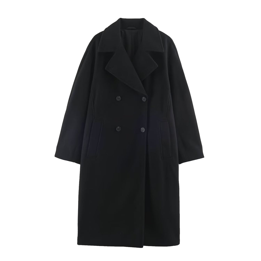 Damen Midilanger Wollmix-Doppelreihenmantel mit weitem Revers und Eingrifftaschen Echoarchiv