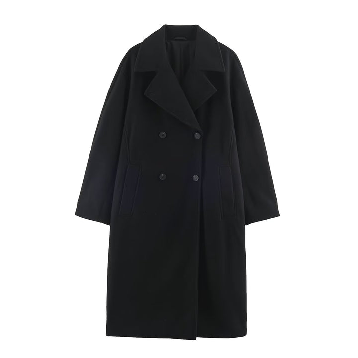 Damen Midilanger Wollmix-Doppelreihenmantel mit weitem Revers und Eingrifftaschen Echoarchiv