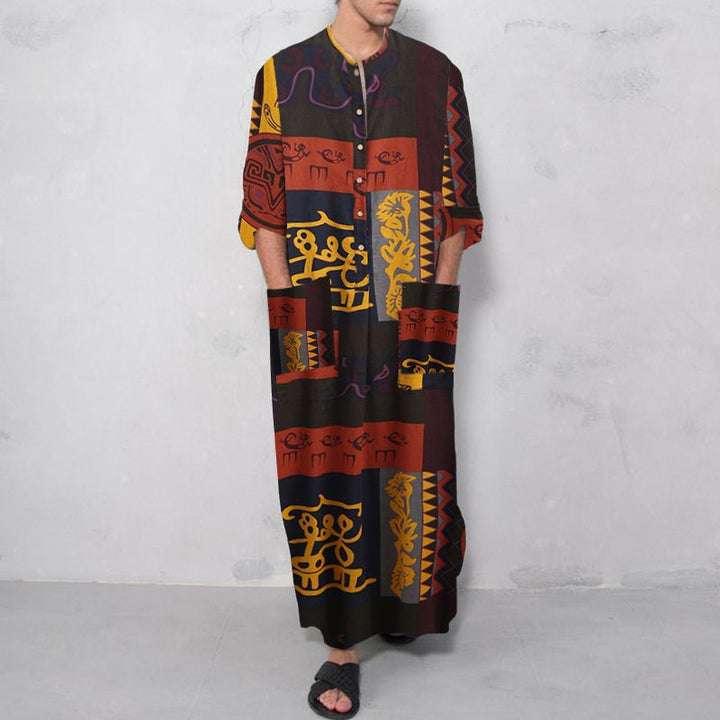 Damen nan Ethno-Maxikleid mit Stehkragen, kurzer Knopfleiste, überschnittenen Ärmeln und A-Linien-Schnitt Echo Archiv