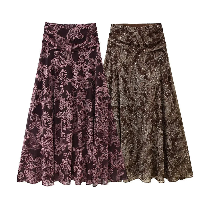 Damen ausgestellter Maxirock mit hoher Taillenpartie, Drapé-Bund und Paisley-Print – Valéora