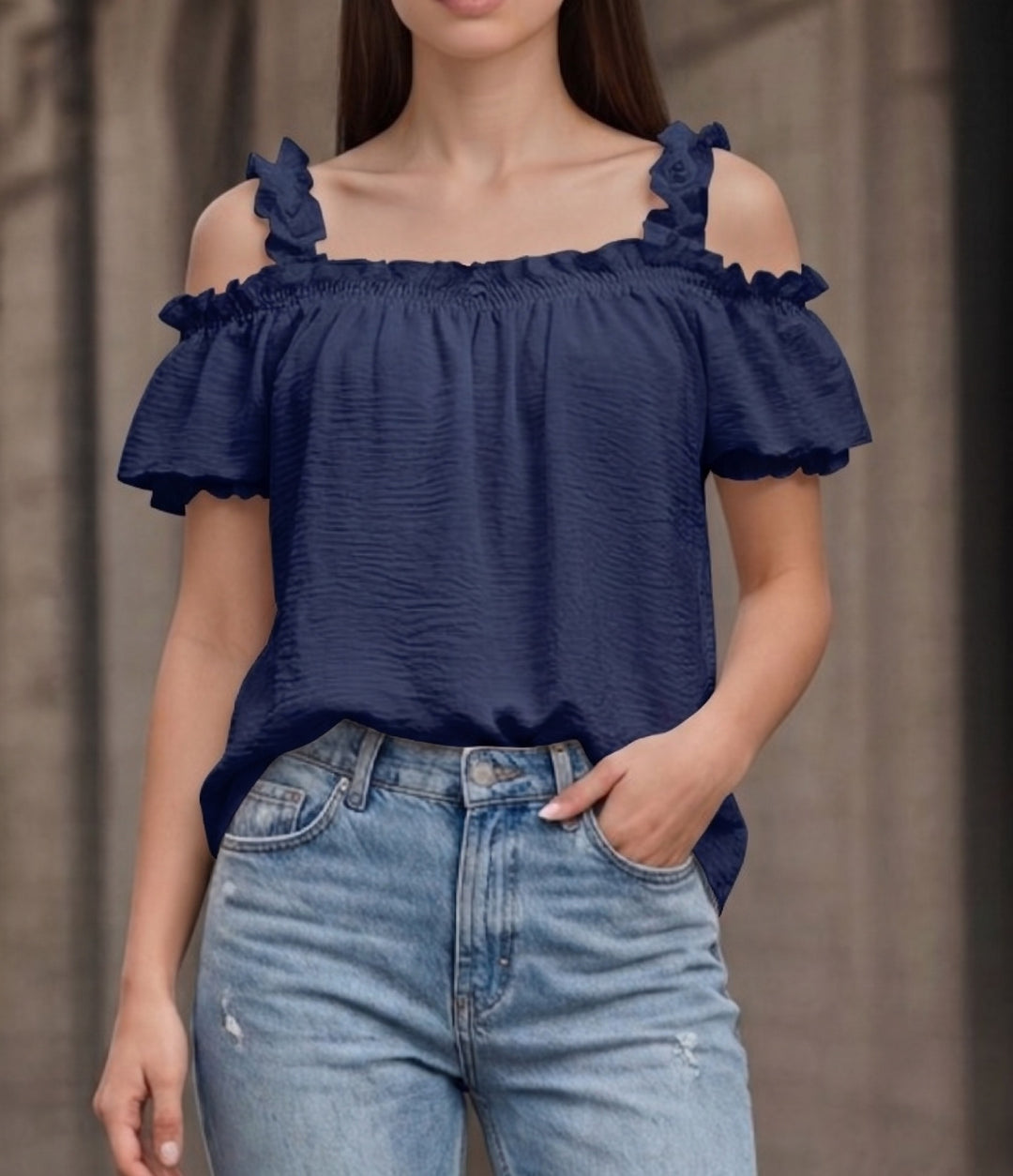 Damen Schulterfreies Crinkle-Top mit Smok-Bandeau, Rüschen‑Trägern und Flügelärmeln Echo Archiv