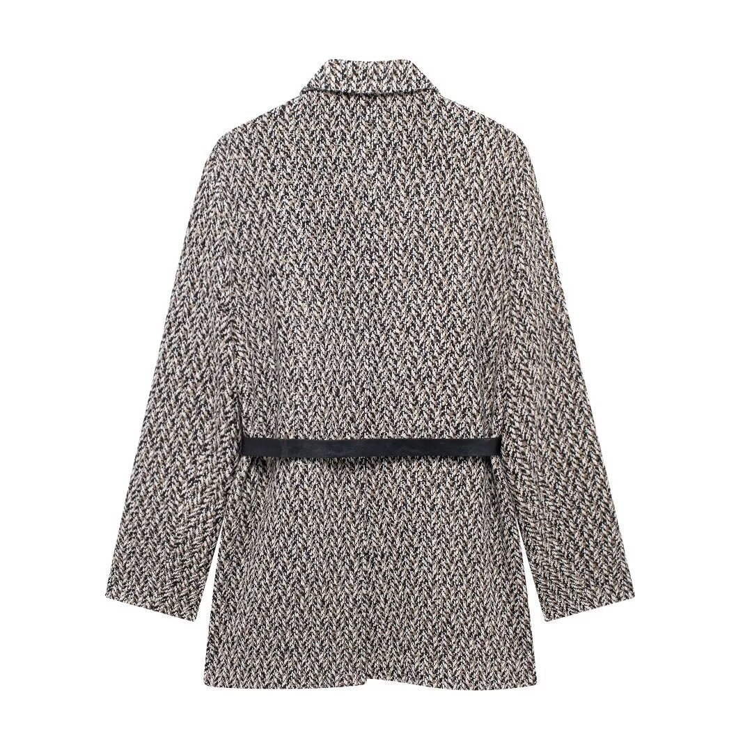 Damen Midilanger Bouclé-Tweed-Blazerjacke mit Lederimitat‑Gürtel Echo Archiv