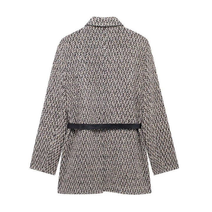 Damen Midilanger Bouclé-Tweed-Blazerjacke mit Lederimitat‑Gürtel Echo Archiv