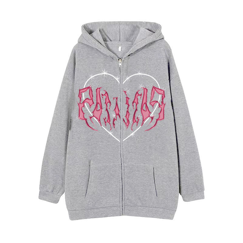 Damen Kapuzenjacke mit durchgehendem Reißverschluss und Rippenherz-Print – Auréline