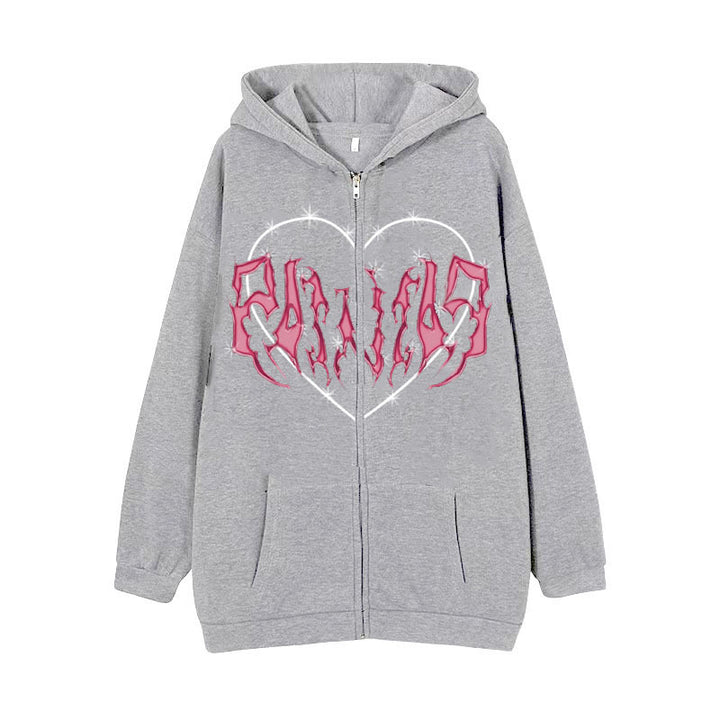 Damen Kapuzenjacke mit durchgehendem Reißverschluss und Rippenherz-Print – Auréline