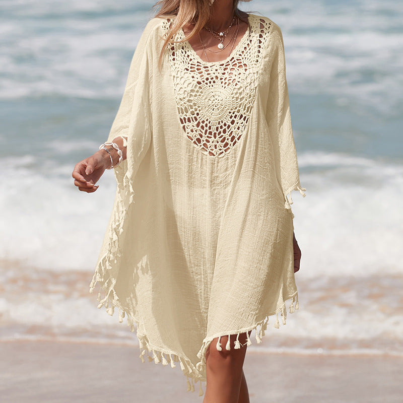 Damen Häkel-Strandüberwurf mit fransigem Saum und elegantem Lochmuster Echo Archiv