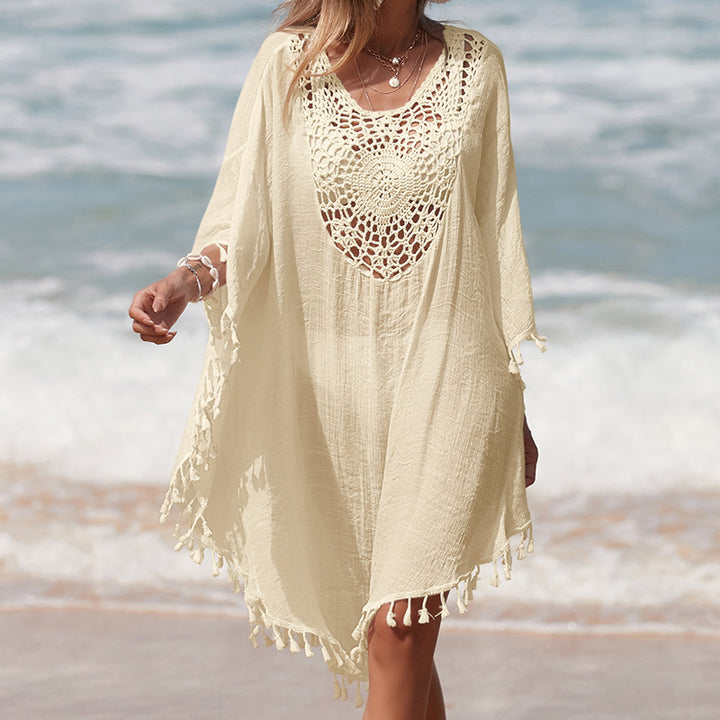 Damen Häkel-Strandüberwurf mit fransigem Saum und elegantem Lochmuster Echo Archiv