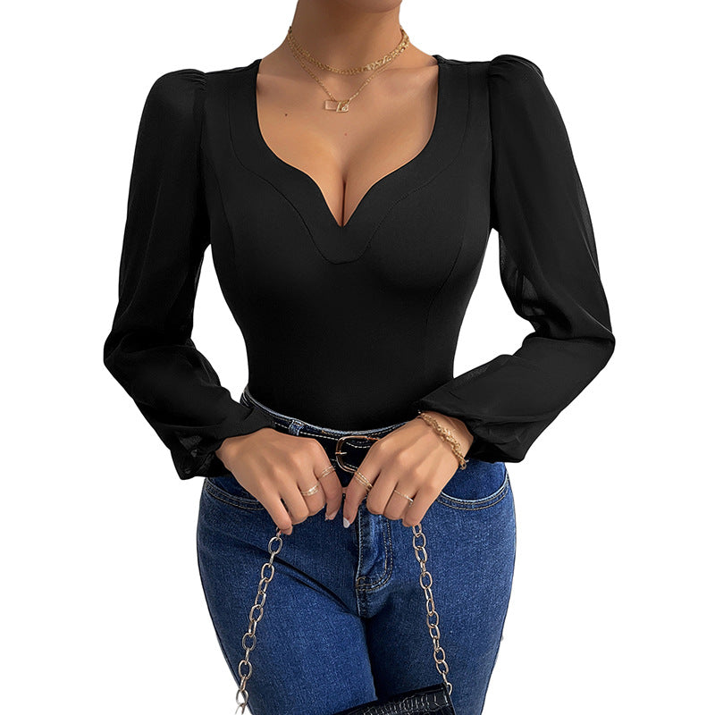 Damen Eleganter Bodys mit V-Ausschnitt und Puffärmeln Echo Archiv