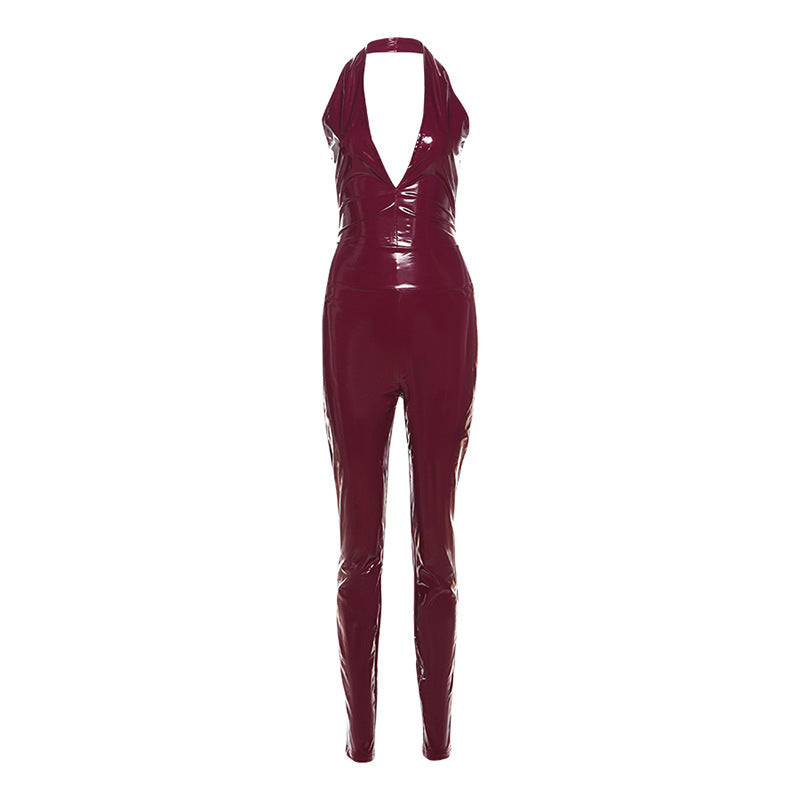 Damen Figurbetontes Latexdress mit tiefem V-Ausschnitt und Rückenschnürung Echo Archiv