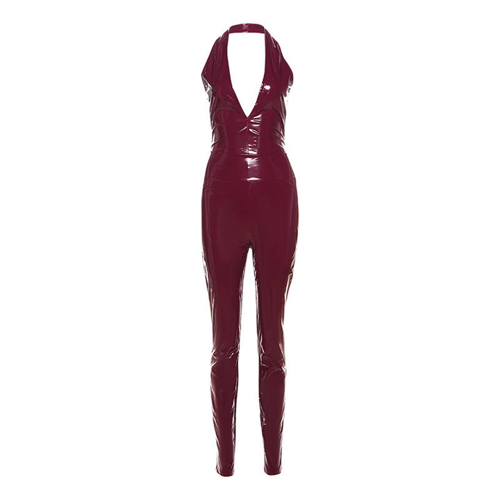 Damen Figurbetontes Latexdress mit tiefem V-Ausschnitt und Rückenschnürung Echo Archiv