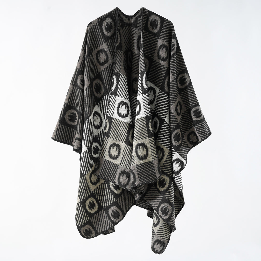 Damen Jacquard-Wickelponcho aus feinem Strick mit grafischem Kreis-Jacquard und offener Kimono-Silhouette – Veloura