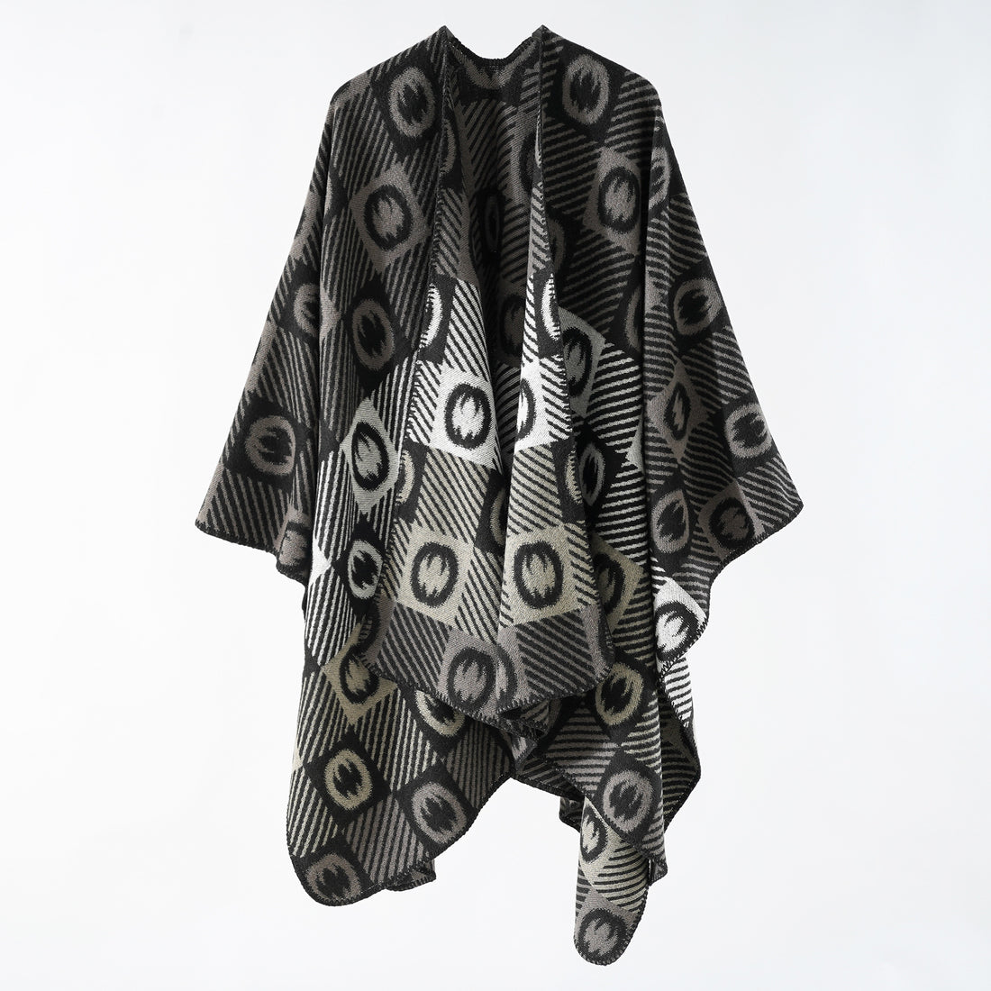 Damen Jacquard-Wickelponcho aus feinem Strick mit grafischem Kreis-Jacquard und offener Kimono-Silhouette – Veloura