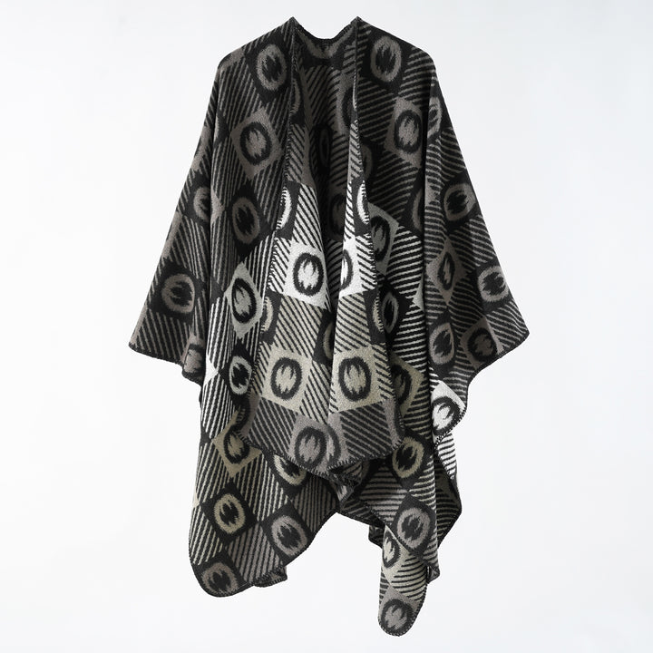 Damen Jacquard-Wickelponcho aus feinem Strick mit grafischem Kreis-Jacquard und offener Kimono-Silhouette – Veloura