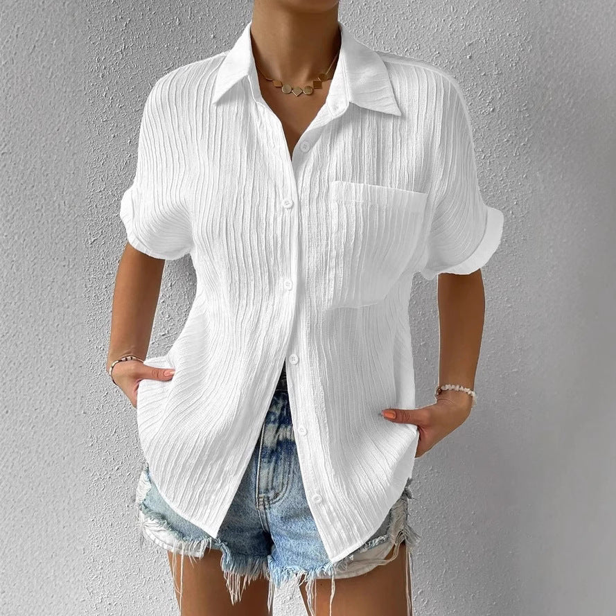 Damen nan Crinkle-Optik-Hemdbluse mit Brusttasche, Krempelärmeln und lockerer Passform Echo Archiv