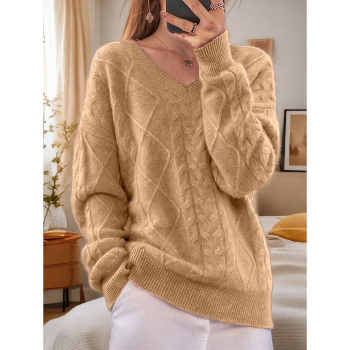 Damen nan kuscheliger V-Ausschnitt Zopfmuster-Pullover mit Oversize-Schnitt und Rippabschlüssen Echo Archiv