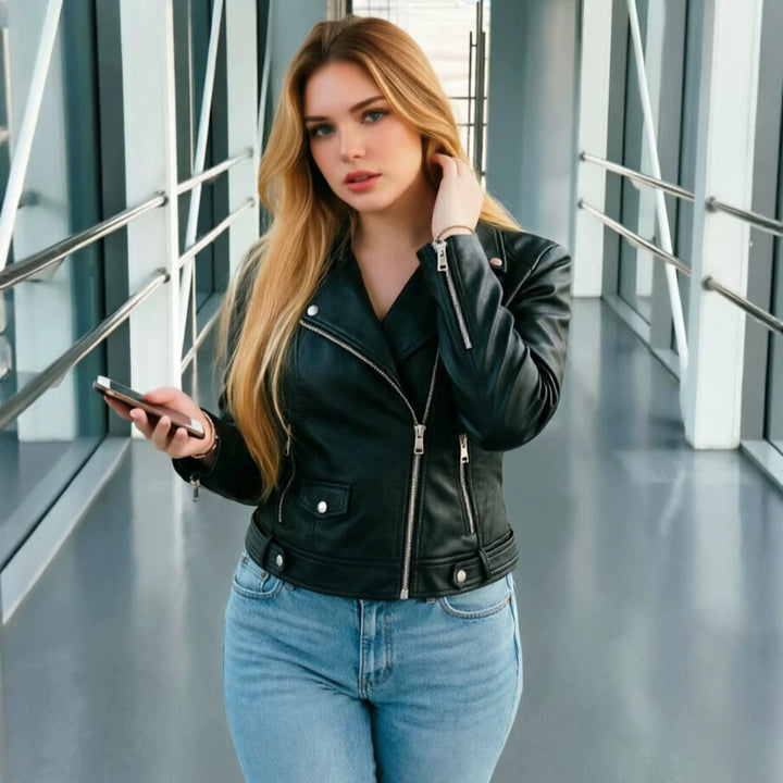 Damen Trendige Bikerjacke aus hochwertigem Kunstleder Echo Archiv